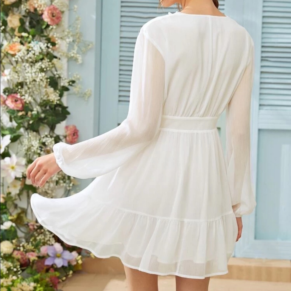 Lantern sleeve button up crochet white dress - Picture 2 of 5
